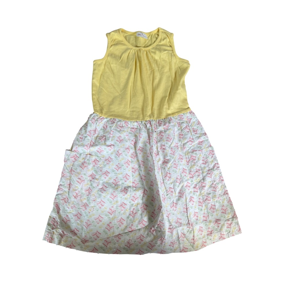 Hanna Andersson Girls Yellow Eyelet Leaf Print Pocket Dress Size 140 10 Years